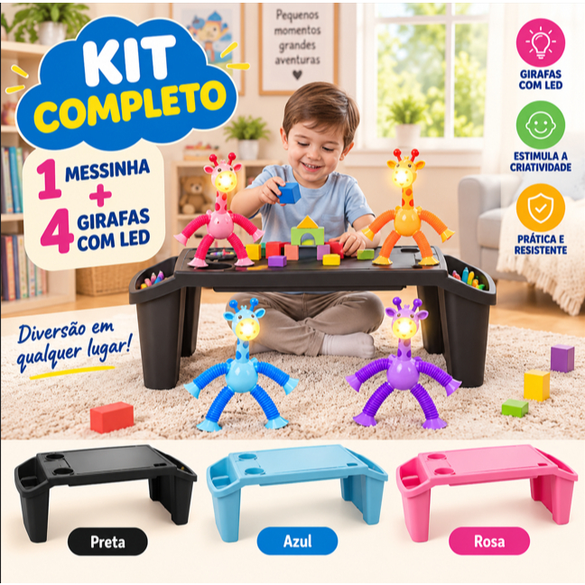 Mesa Didática Educativa Infantil Interativa Sensorial Primeira Mesinha Infância + Kit 4 Girafas Estica Tubo Montessori