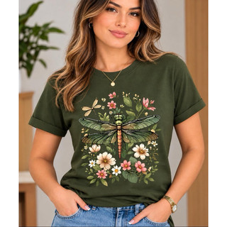 Blusa Feminina Libélula Floral T-shirt Premium Camiseta Básica Camisa Simples Crt Unissex