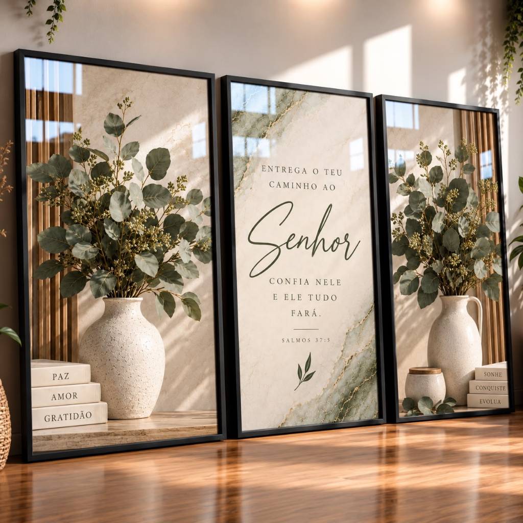 Quadros Decorativos Sala Kit 3 Peças Salmos 37:5 Folhagem Verde Frase Deus Fé Moderno Elegante