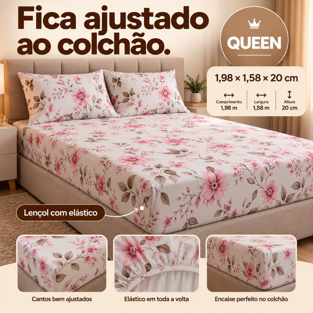 Jogo de Lençol Queen 3 Peças com Elástico Microfibra Estampado