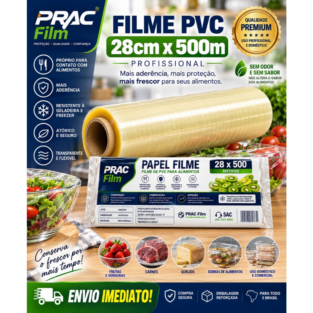 Papel Filme PVC 28cm x 500m Bobina Plástica Alimentos Resistente Esticavél