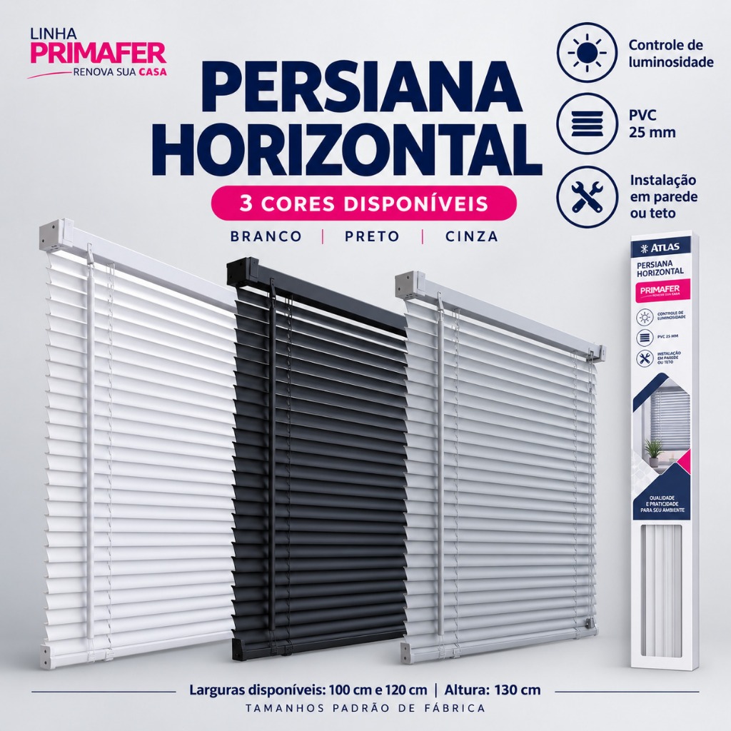 Cortina Persiana Horizontal PVC Atlas Casa Com 1,00m ou 1,20m de largura x 1,3m de altura