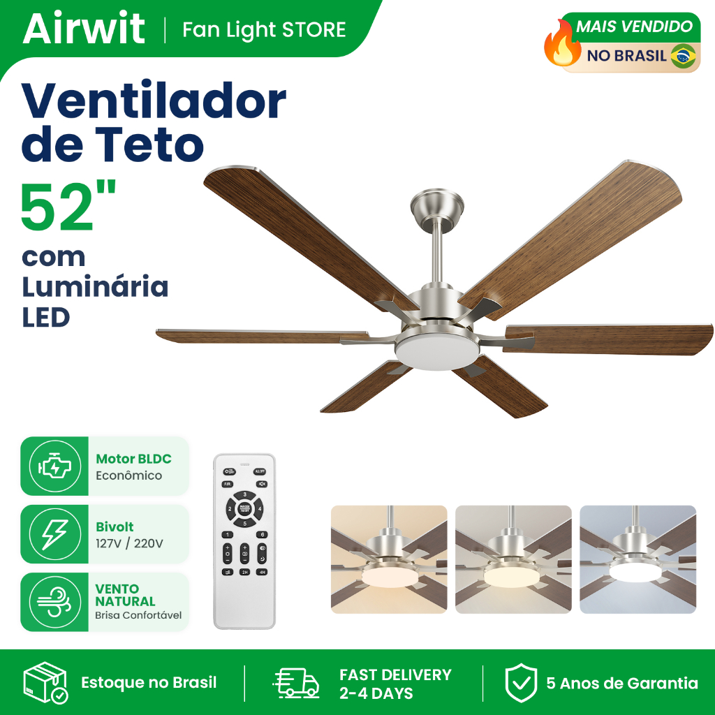 Airwit 52 Inch 6 Pás Ventilador de Teto com Luminária LED Grande Com Controle Remoto Econômico LED Integrada