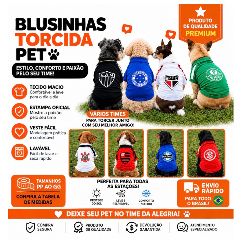 Roupa Time Pet Porte Pequeno Cachorro Blusa Torcedor Pet Blusa Pet Time