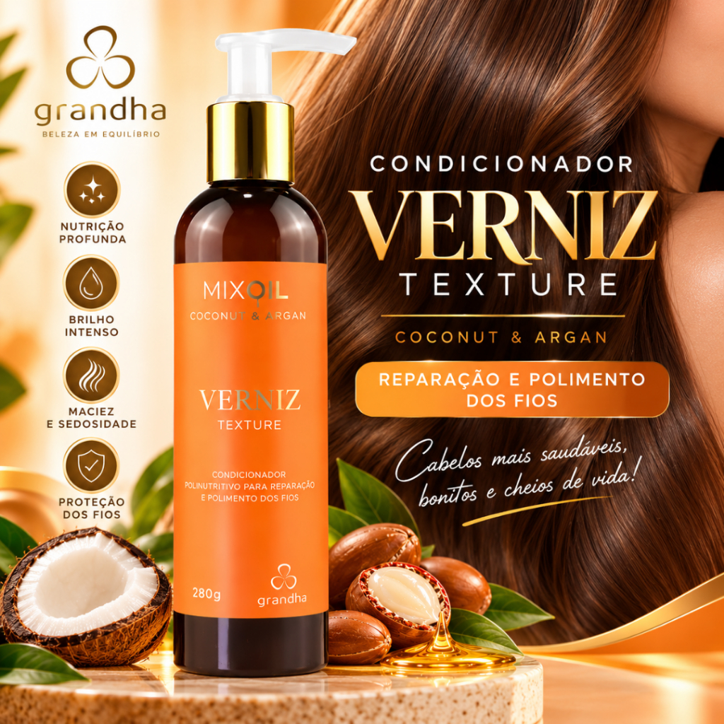 Condicionador Grandha Verniz Texture Coconut & Argan 280g Reparação Nutrição Brilho e Maciez