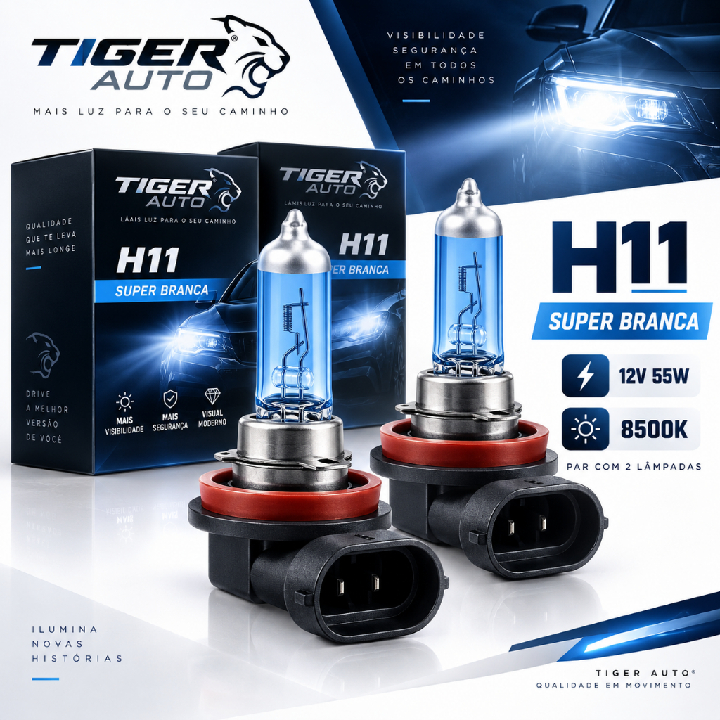 Par Lâmpadas H11 Super Branca 12V 55W 8500K Farol De Milha