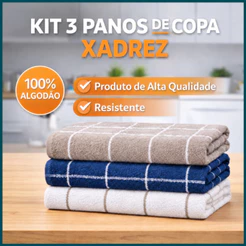 Kit 3 Panos de Prato Xadrez Bonito Atoalhado Premium 45x65cm 100% Algodão