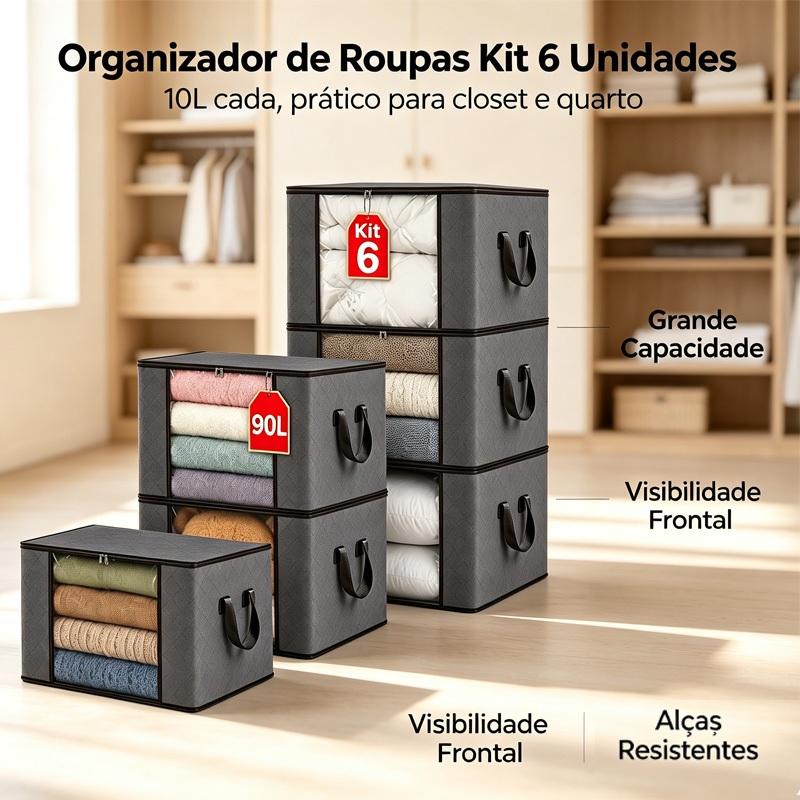 KIT 3/6 Sacola Organizadora para Roupas e Edredons Grande Capacidade com Janela Transparente Alças Resistentes