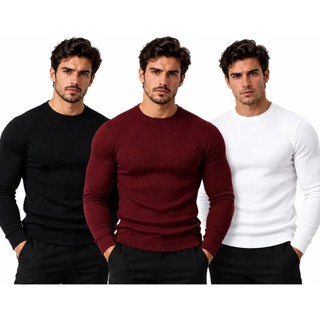 Kit 3 Camisas Masculina Slim Manga Longa Malha Canelada Blusa Gola Redonda Lisa Básica