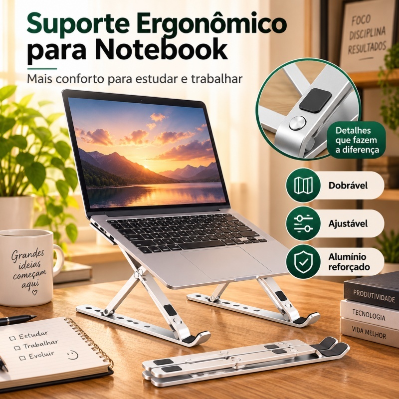 Suporte para Notebook até 18" Alumínio Ajustável Dobrável Ergonômico Portátil