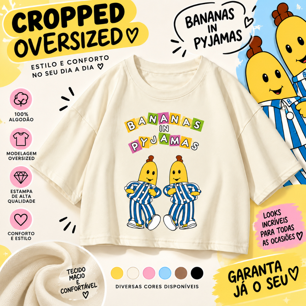 Cropped Feminino Oversized Bananas de Pijama 100% Algodão Manga Curta Estampado Moda Casual