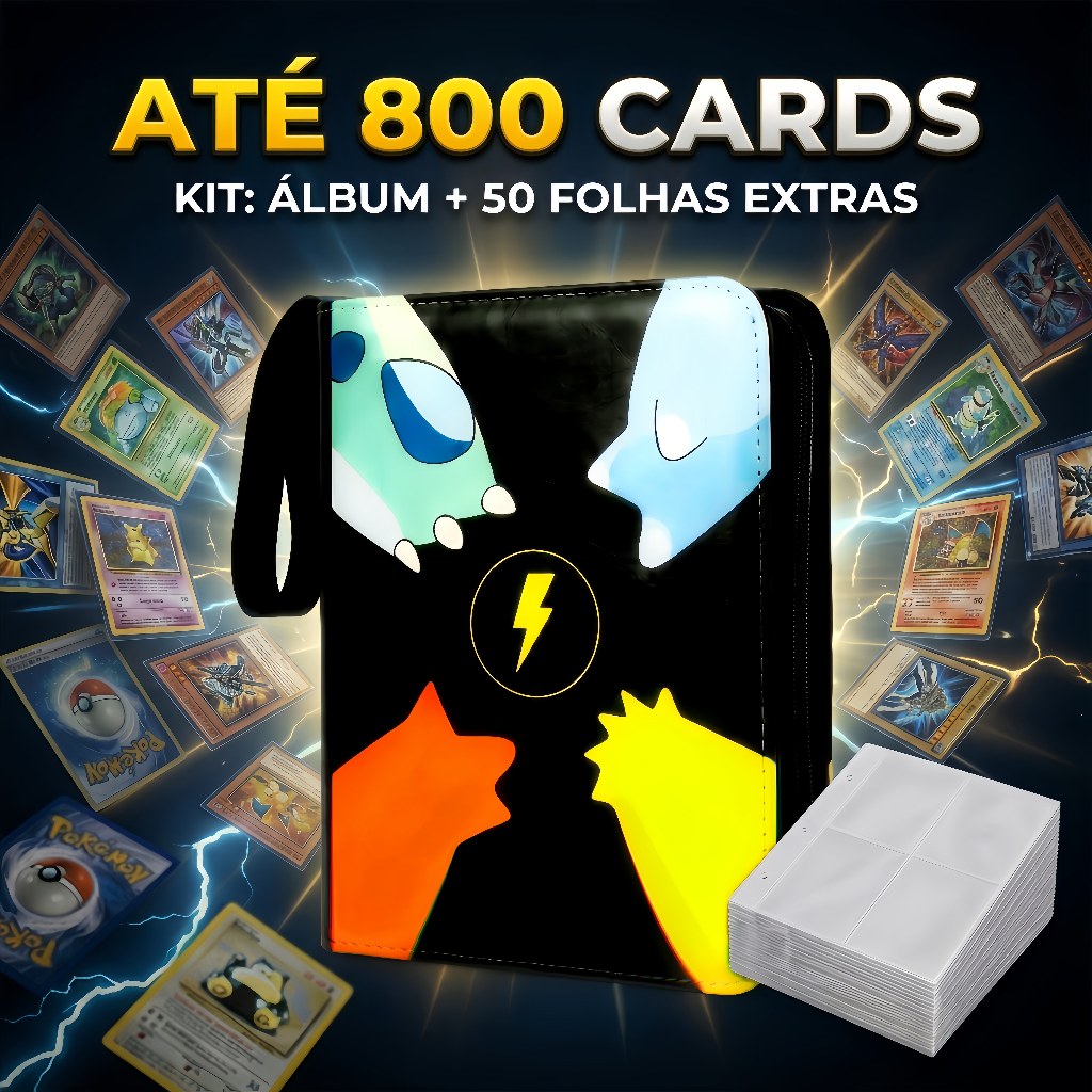 Envio 24h Conjunto Binder Porta Cartas Pokémon 800 Cards Preto 100 Folhas Refil Extra PVC Zíper Alça
