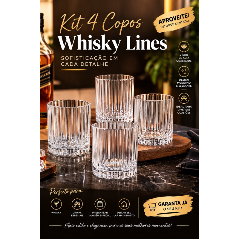 Jogo 4 Copos Baixos de Vidro Canelado 340ml Whisky Lines para Drink Água Suco Coquetel Bar e Festa