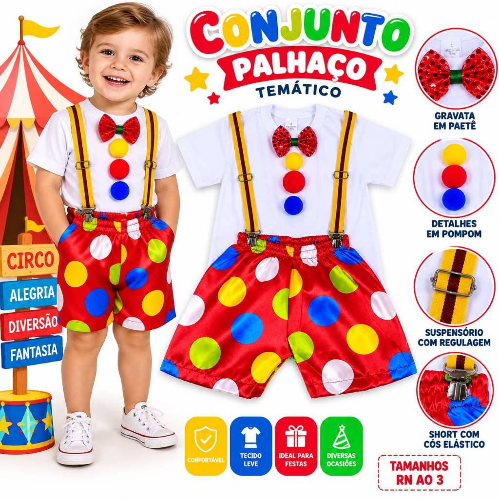 Conjunto Infantil Palhacinho Circo Menino Camiseta Short Suspensório Gravata Fantasia Festa Temática Aniversário