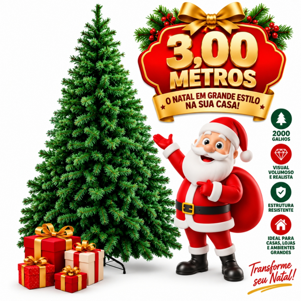 Árvore De Natal Gigante 3 metros Pinheiro Grande de Luxo com 2000 Galhos Cheios Premium Para Grandes Espaços - Promoção