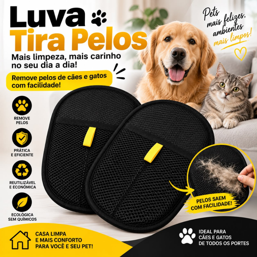 Kit Luva Tira Pelos Pet Cães e Gatos Removedor de Pelos para Sofá Roupas Reutilizável