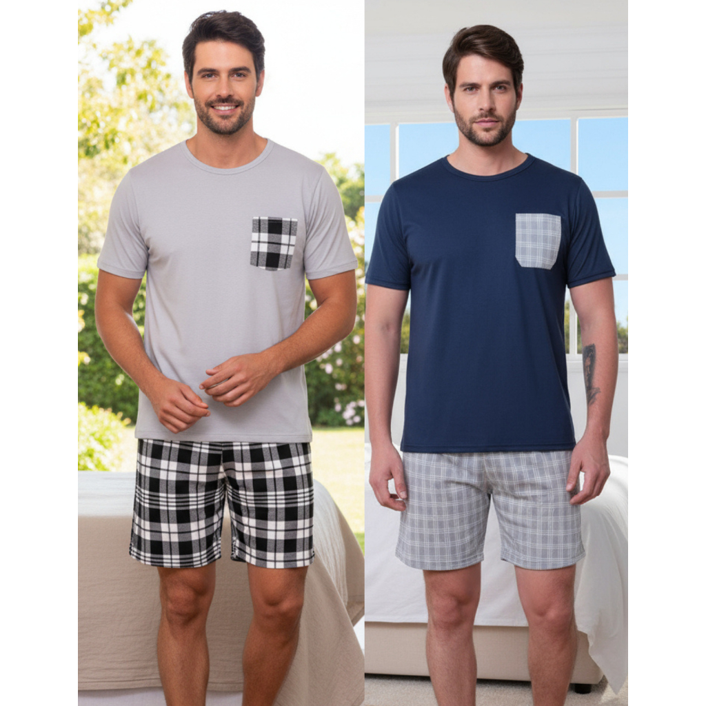 Kit 2 Pijamas  Xadrez Masculino Verão Manga Curta Malha Promoção
