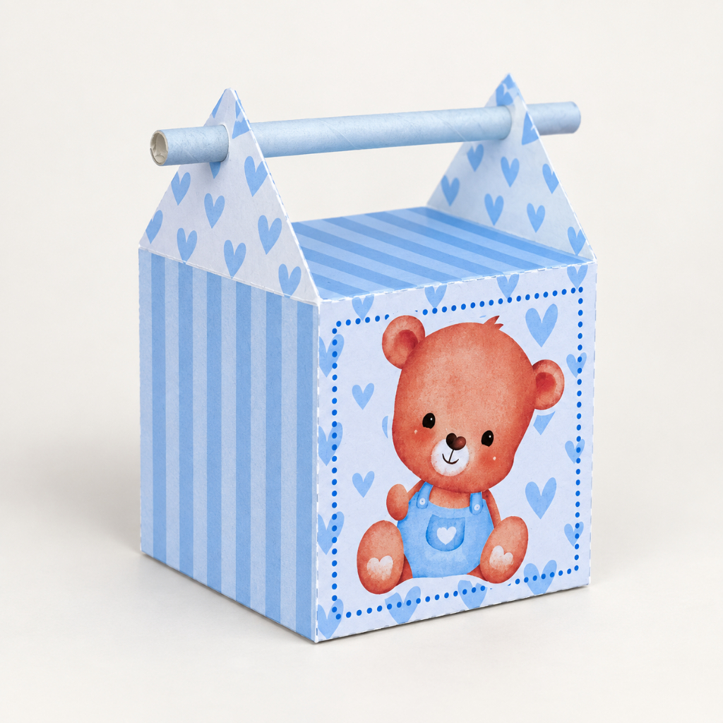 Kit Caixa Caixa Milk com Alça de Canudo Personalizada Chá de Bebê Ursinho Azul com Nome Lembrancinha Menino