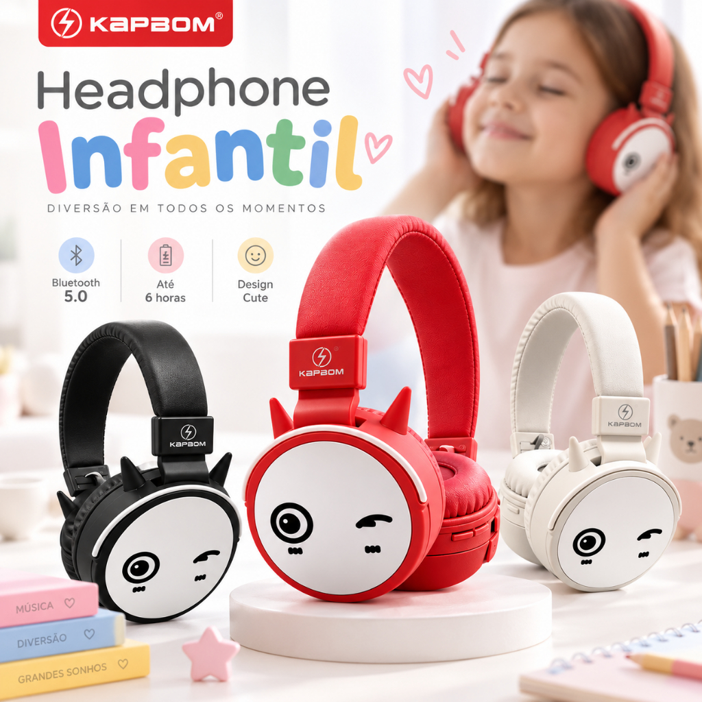 Fone de Ouvido Infantil Bluetooth Headphone Sem Fio com Microfone Cute Kapbom