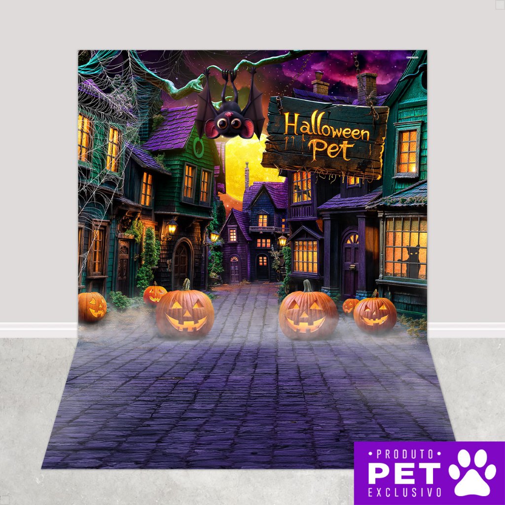 Fundo Fotográfico Pet Halloween Cenário Vila Painel Pet Shop Sublimado Tecido para Foto 1,20x1,70m
