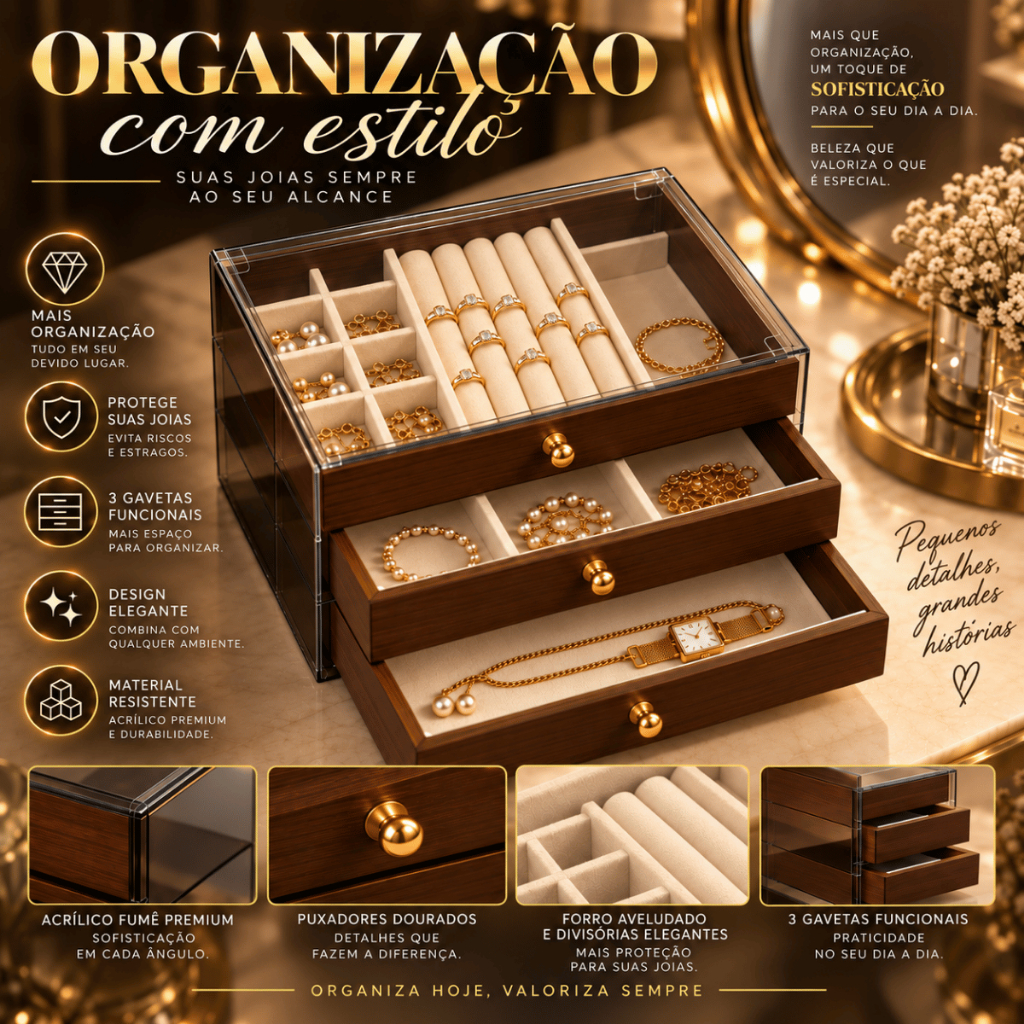Porta Joias 3 Gavetas Camadas Madeira Acrílico Aveludado Porta Anéis Colares Pulseiras Brincos Luxo