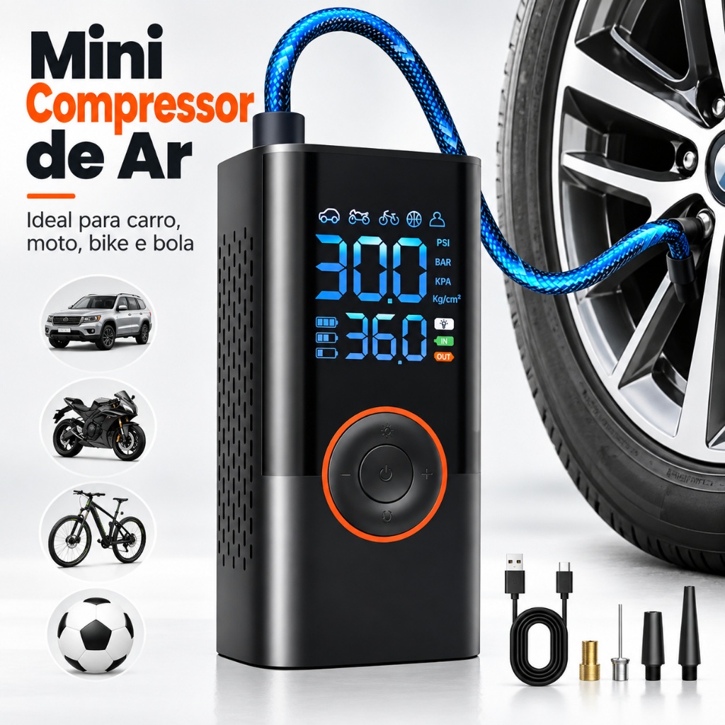 Bomba de Ar Portátil Sem Fio 4 em 1 4000mAh Compressor com LED e Calibrador Automático
