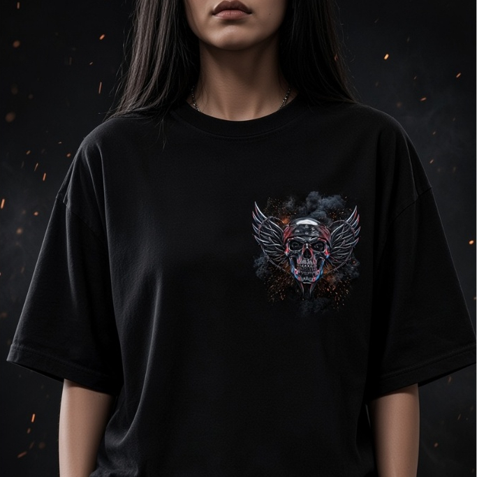 Camiseta Oversized Preta Caveira com Asas Estampa Peito Streetwear Dark 100% Algodão Confortável Camisa Unissex Feminina