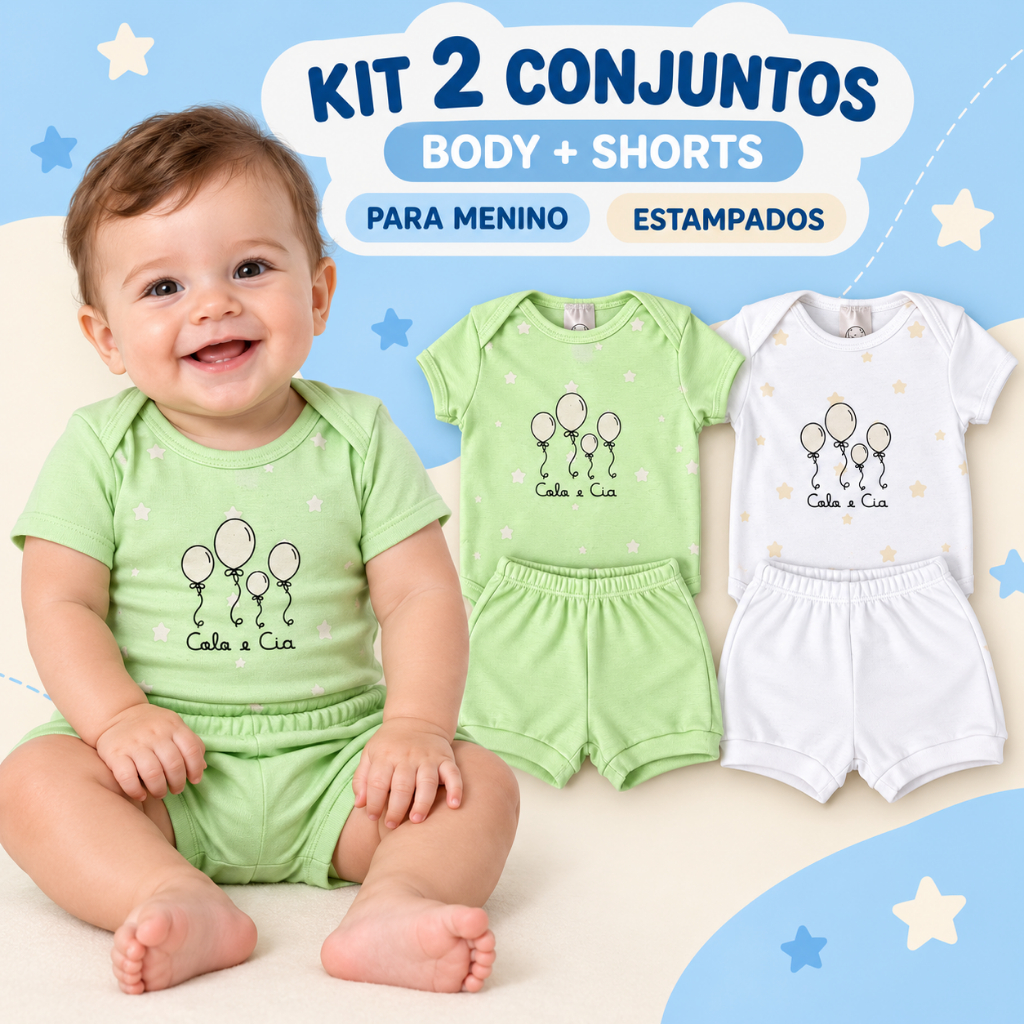 Kit 2 Conjuntos Bebê Menino Body Manga Curta Estampado + Shorts Tapa-Fralda Confortável em Algodão