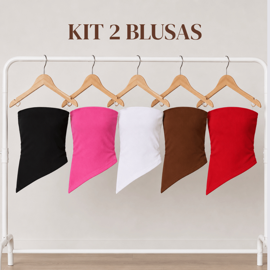 Kit 2 Blusas Canelada Feminina Juvenil Assimétrica Tomara que Caia Fenda Lateral Tendência Moderna