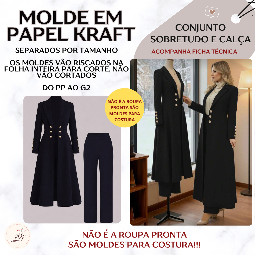 Molde em Papel Kraft para Costura Separados por Tamanho Conjunto Sobretudo e Calça (NÃO É A ROUPA PRONTA)