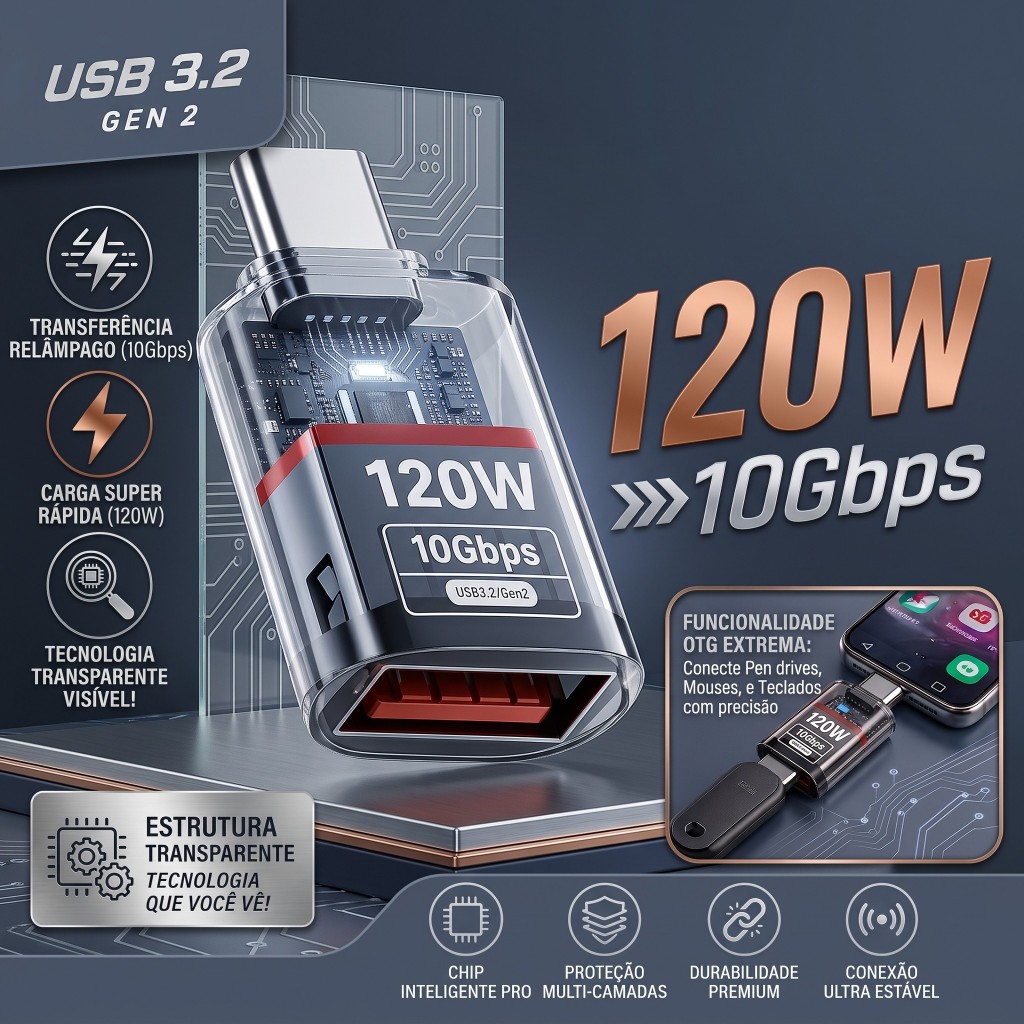 Adaptador Tipo C para USB 3.2 OTG, 10Gbps, Carregamento Rápido 120W Conversor Macho USB-C para USB A