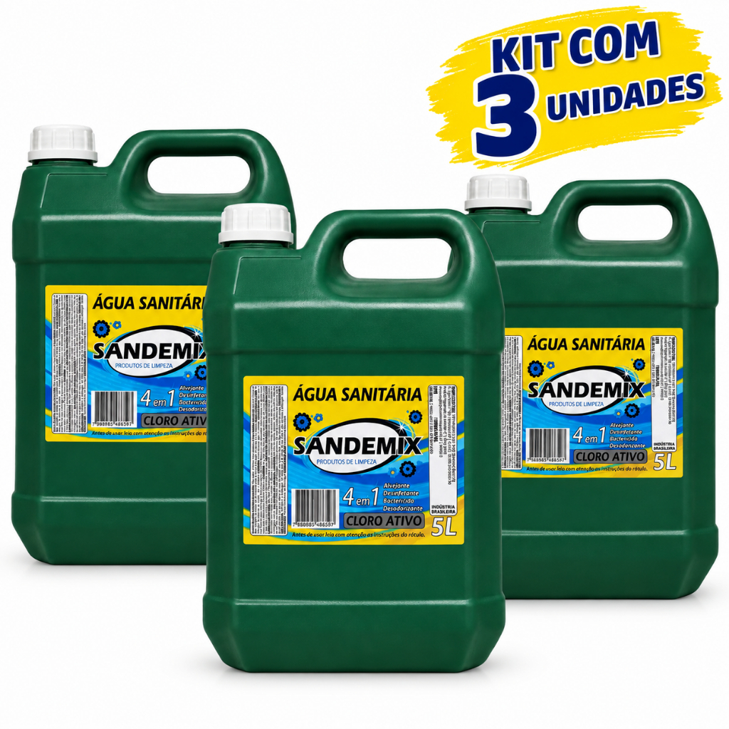 Kit 3un Água Sanitária SANDEMIX Limpeza Profunda e Proteção 5L.