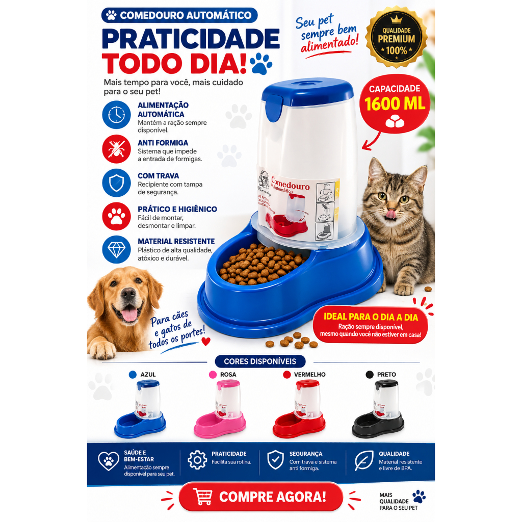 Comedouro Automático 1600ml Com Trava Recipiente Pote Para Ração Comida Gato Cachorro