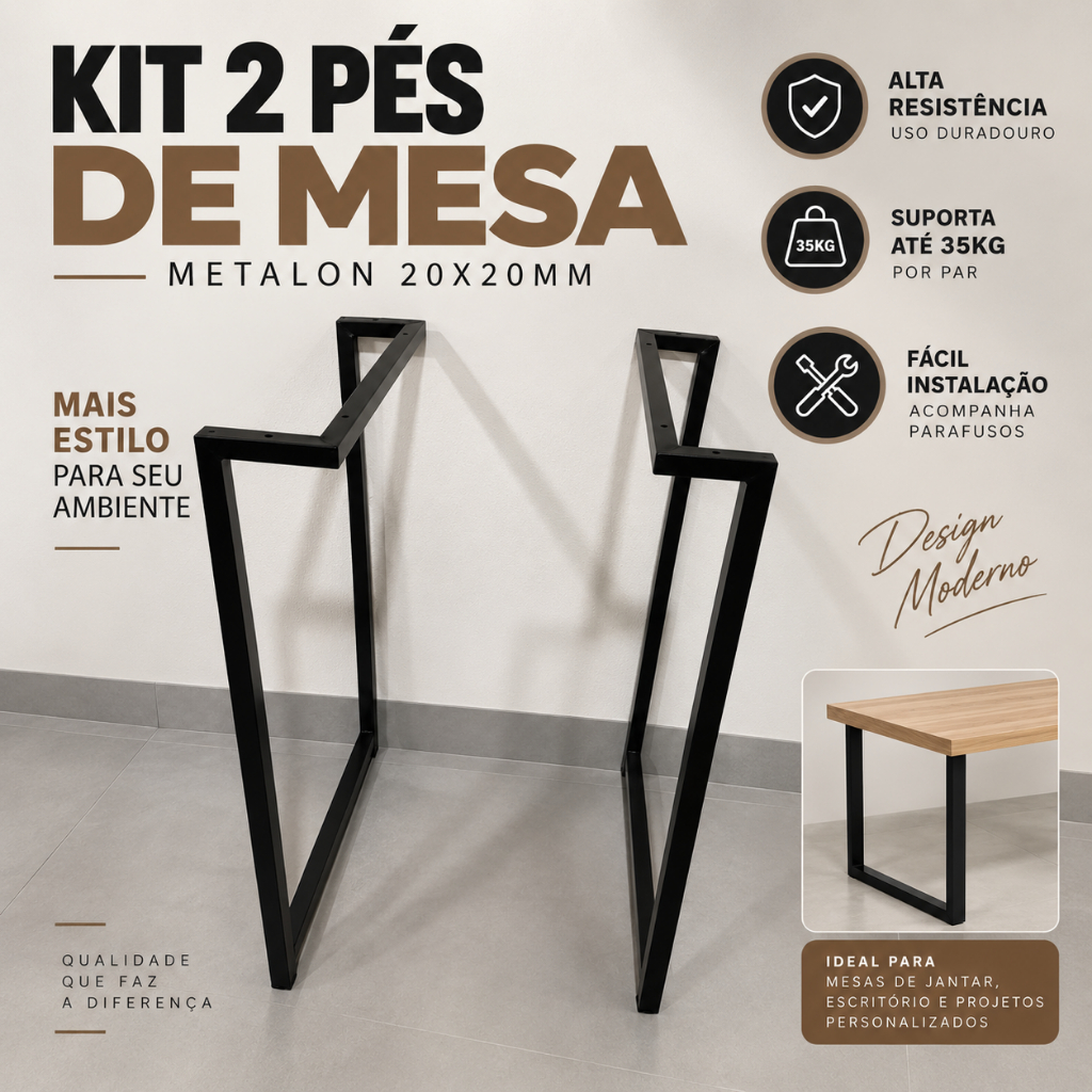 Kit 2 Pés de Mesa Metalon 20x20 Preto 75cm | Base para Mesa Escritório, Jantar e Home Office