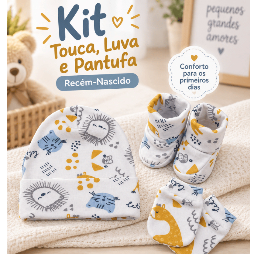 Kit Maternidade Bebê 3 Peças Touca Luvinha e Sapatinho Algodão Suedine Premium Estampado