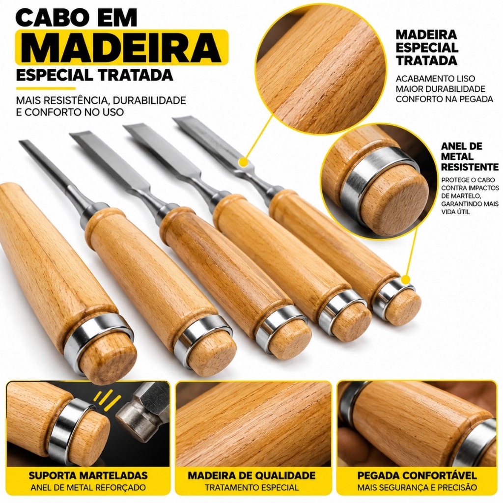 Kit Formões Madeira 4 Peças 1/4 3/8 1/2 1` Profissional Formão Carpintaria Marcenaria Esculpir Ajustes Acabamentos — imagem 2 de 2
