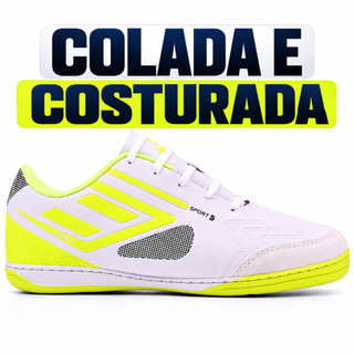 Chuteira Premium Infantil Colada e Costurada Futsal Salão Quadra Bico de Couro Menino Confortável