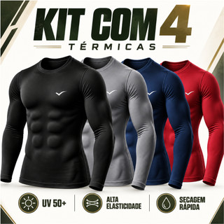 Kit com 4 Camiseta Uv Segunda Pele Proteção Solar Fator 50+ Cores Variadas Manga Longa Masculina