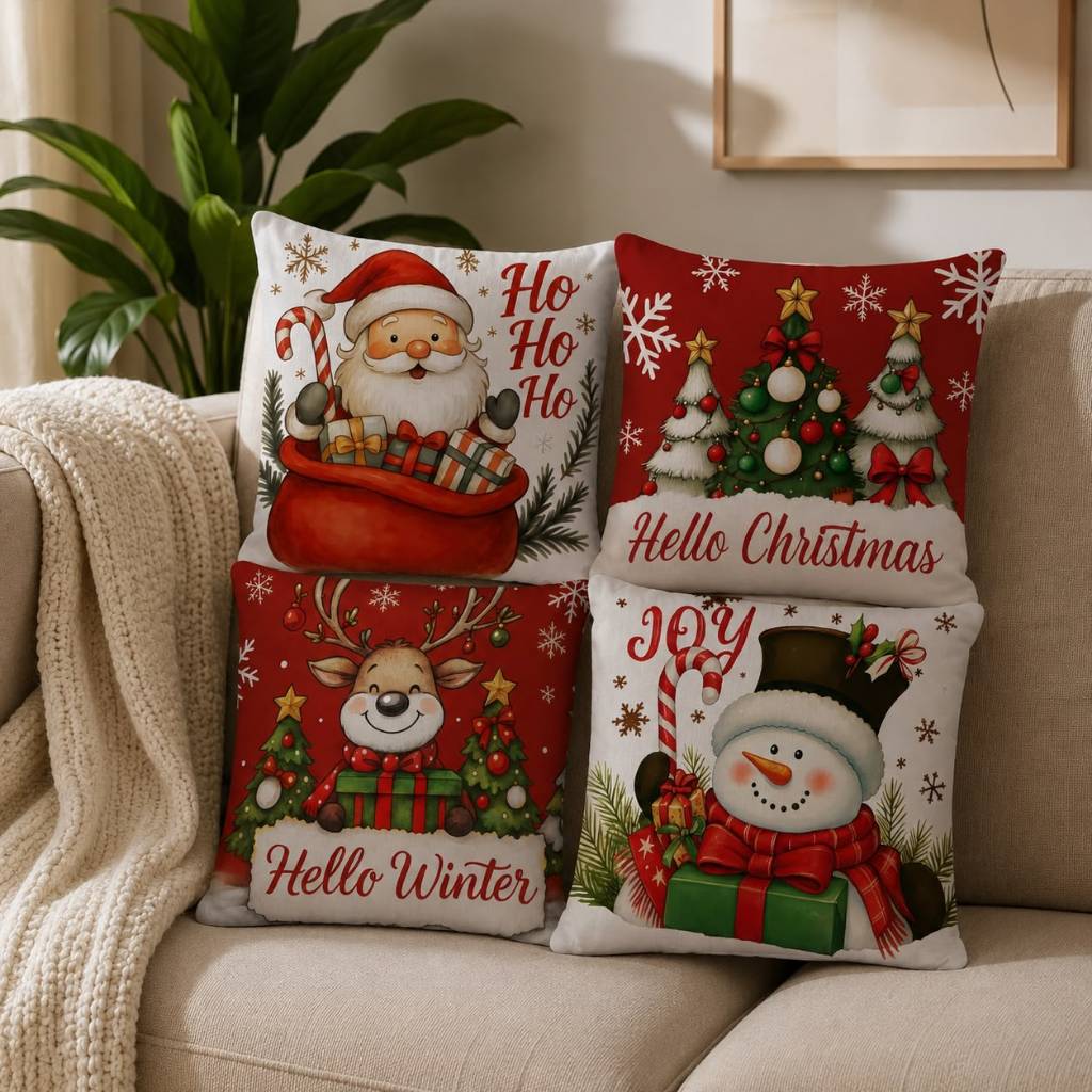 Kit 4 Capas de Almofada Personalizada Natal Papai Noel Cervo Feliz Natal Animais Decorativo 45x45 Quarto Cama Sala Sofá