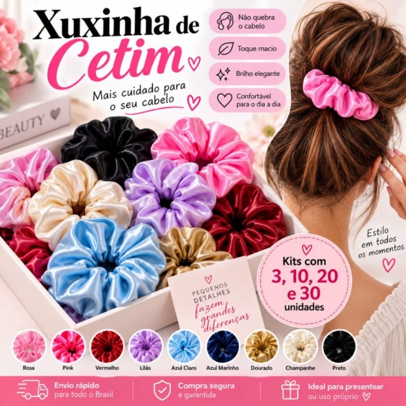 Xuxinha de Cetim Scrunchie para Cabelo Kit 3 10 20 30 Unidades Laço Elástico Feminino