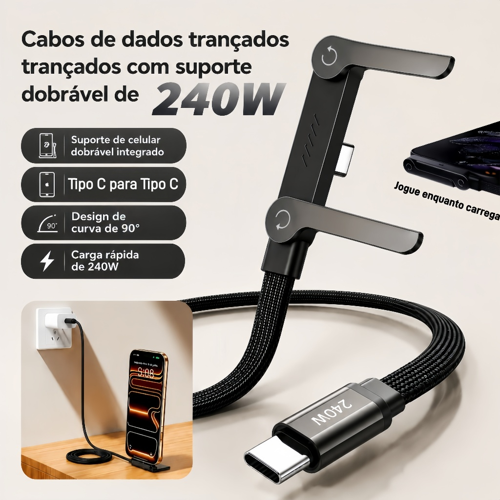 1.5M/1.2M 240W De Carregamento Rápido Tipo C Para Tipo C Cabo 2 Em 1 Suporte Dobrável Telefone De Mesa