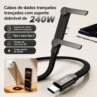 1.5M/1.2M 240W De Carregamento Rápido Tipo C Para Tipo C Cabo 2 Em 1 Suporte Dobrável Telefone De Mesa