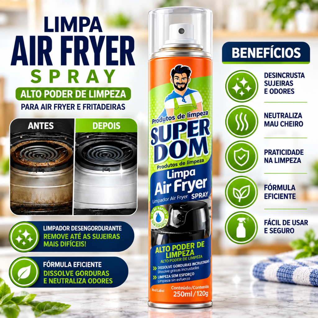 Super Dom Limpa Air Fryer Fogao 250ml Spray Desengordurante Remove Gordura Sujeira Com Facilidade