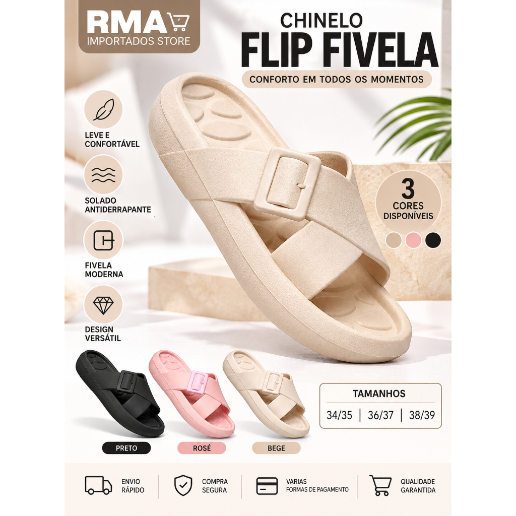 Chinelo Feminino Flip com Fivela Ajustável Confortável Antiderrapante Casual