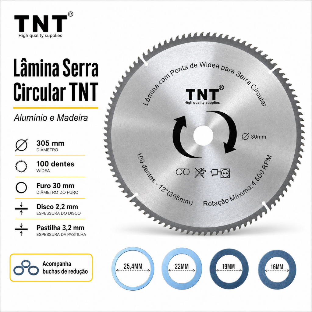 Lamina Serra Circular Corta Alumínio TNT 305mm ou 12" x Furo de 30mm Com 100 Dentes