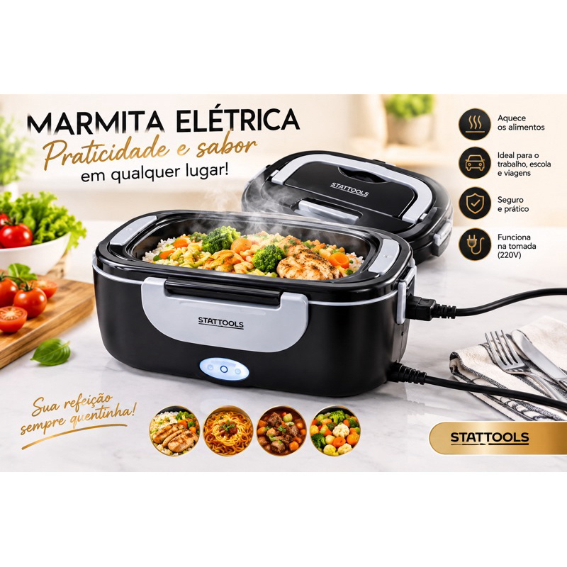 Marmiteira Eletrica Termica Bivolt Preta Portatil Aquecedor Marmita Pratico