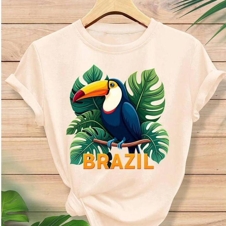 Camiseta Feminina Estampada Tucano Brasil 100% Algodão Blusinha Casual T-shirt