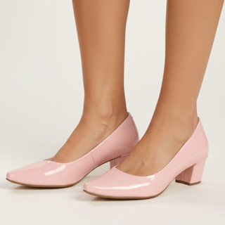 Scarpin Feminino Sapato Salto Grosso Baixo Bico Fino Verniz NUDE ROSADO Figueiroa