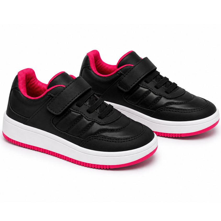 Tênis Infantil Feminino Casual com Velcro e Cadarço Elástico Confortável Escolar Menina 28 ao 34