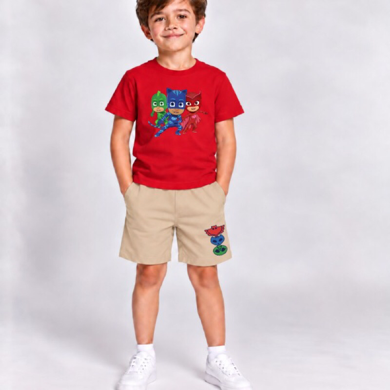 Conjunto Infantil Camiseta e Bermuda em Algodão Estampa PJ Mask Estilo entrega rápida